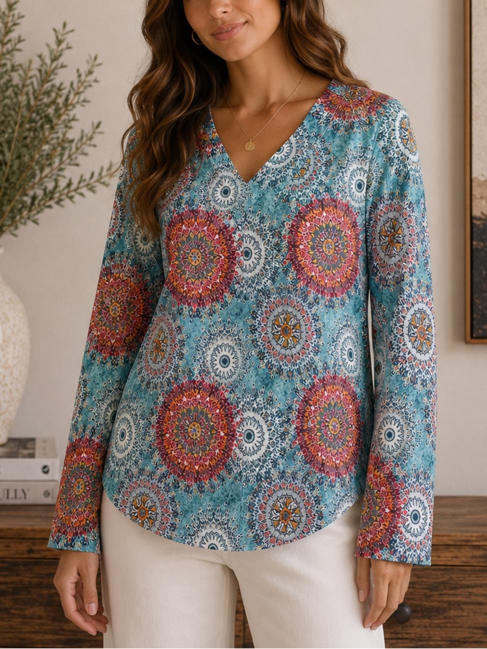 V-Neck Long Sleeve Medallion Print Top - Teal Multi